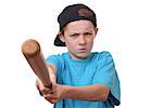 Portrait of an angry young boy holding a baseball bat on white background