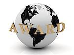 AWARD abstraction inscription around earth of gold letters on a white background