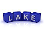 LAKE word on blue cubes on an isolated white background