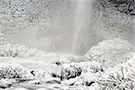 Base of Latourell Falls at Columbis River Gorge Oregon Frozen in WInter with Icicles and Snow in Winter Closeup