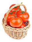 Fresh Ripe Tomatoes with Stems and Twigs in Wicker Basket isolated on white background