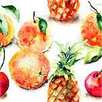 Watercolor illustration of tropical fruits, seamless pattern