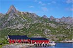 Typical red fishing harbor on Lofoten islands in Norway