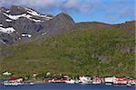 Traditional norwegian fishing village with red buildings on Lofoten islands in Norway