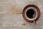Coffee cup on wooden table texture. View from above