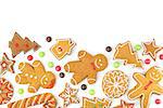 Homemade various christmas gingerbread cookies on white background