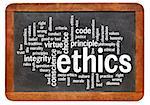 cloud of words or tags related to ethics and moral dilemma on a  vintage slate blackboard