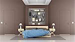 Brown contemporary bedroom with double bed, niche, and two doors - rendering