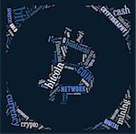 bitcoin logo word cloud with blue wordings on blue background