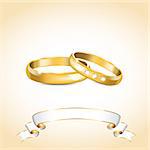 Vector illustration with gold wedding rings and white ribbon
