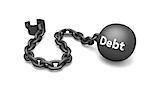 Prisoner shackle with word "debt" on the iron ball, concept of escaping debt and dependency on credit. Isolated on white background.