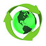 Green planet Earth with green arrows circled aorund it, concept of conservation and recycling, isolated on white background. Elements of this image furnished by NASA
