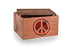 Wooden crate isolated on a white background, peace symbol