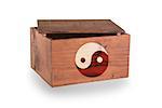Wooden crate isolated on a white background, yin yang symbol