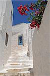 white houses with bright flowers and lanes are characteristic for Greece. These buildings are situated in the  Patmos  - a small Greek island in the Aegean Sea.