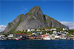 Fishing port in picturesque town of Reine on Lofoten islands in Norway