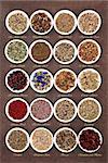 Medicinal herb selection also used in witches magical potions over brown lokta paper background with titles.