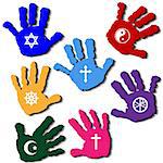 Illustration of hands of believers with religious symbols.