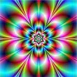 Digital abstract fractal image with a psychedelic flower design in turquoise pink red and blue.