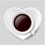 Full coffee cup on white saucer in heart shape as love of coffee symbol.