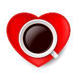 Full coffee cup on red saucer in heart shape as love of coffee symbol.