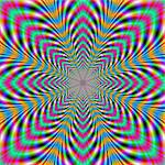 Digital abstract fractal image with an eight pointed psychedelic design in orange, pink, blue and green.