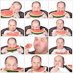 Collage portrait obese man eating a large slice of fresh juicy watermelon isolated on white