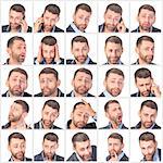 Collage portrait unshaven handsome man with difference emotions, on white background