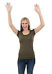 Young beautiful sexy female with blank shirt and arms raised in the air. Ready for your design or artwork.