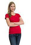 Young beautiful sexy female with blank red shirt and serious look on her face. Ready for your design or artwork.