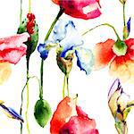 Seamless wallpaper with Iris and Poppy flowers, watercolor illustration