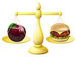 Healthy eating decision concept of an apple and burger on a set of scales