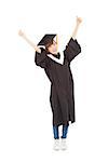 happy Young graduate girl student standing and hand up