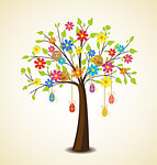 Easter decoration with tree, flowers, birds, eggs