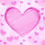 abstract pink retro background, purple striped hearts with one big in the middle, old paper card