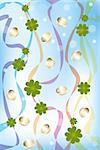 Colorful illustration of four leaf clover, shimmering gold coins and waving rainbow-banners over light-blue sky - Saint Patricks Day Background