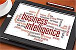 business intelligence word cloud on a digital tablet with a cup of tea