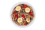 muesli with banana and strawberry on white background