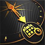 Golden Calendar with Stopwatch Icon on Black Compass.