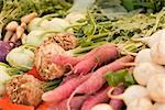 fresh root vegetable carrot potatoes onion beet on market in summer