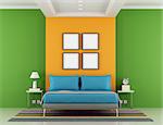 Green and orange minimalist bedroom with double bed and nightstand - rendering
