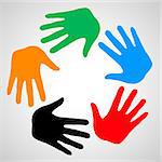 Colorful hands as symbol friendship, help and support.