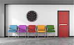 Waiting room with colorful chair and red closed door - rendering