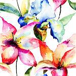 Seamless wallpaper with Lily and Iris flowers, watercolor illustration