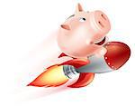 An illustration of a piggy bank riding on a rocket flying through the air