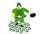 editable eps vector format, irish leprechuan dressed in green suit and hat carrying beer and pot of gold walking on patch of fourleaf shamrocks