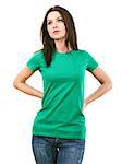 Photo of a beautiful brunette woman with blank green shirt. Ready for your design or artwork.