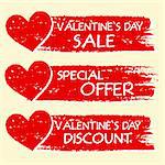 valentines day sale and discount, special offer - text with hearts in three red drawn banners