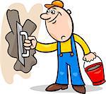 Cartoon Illustration of Worker or Mason with Trowel and Plaster or Cement doing Renovation