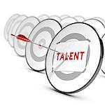 One arrow hitting the center of a grey target. A sheet of paper with the word TALENTS is fixed on it. Many other targets around the main one. Concept of talents recruitment.